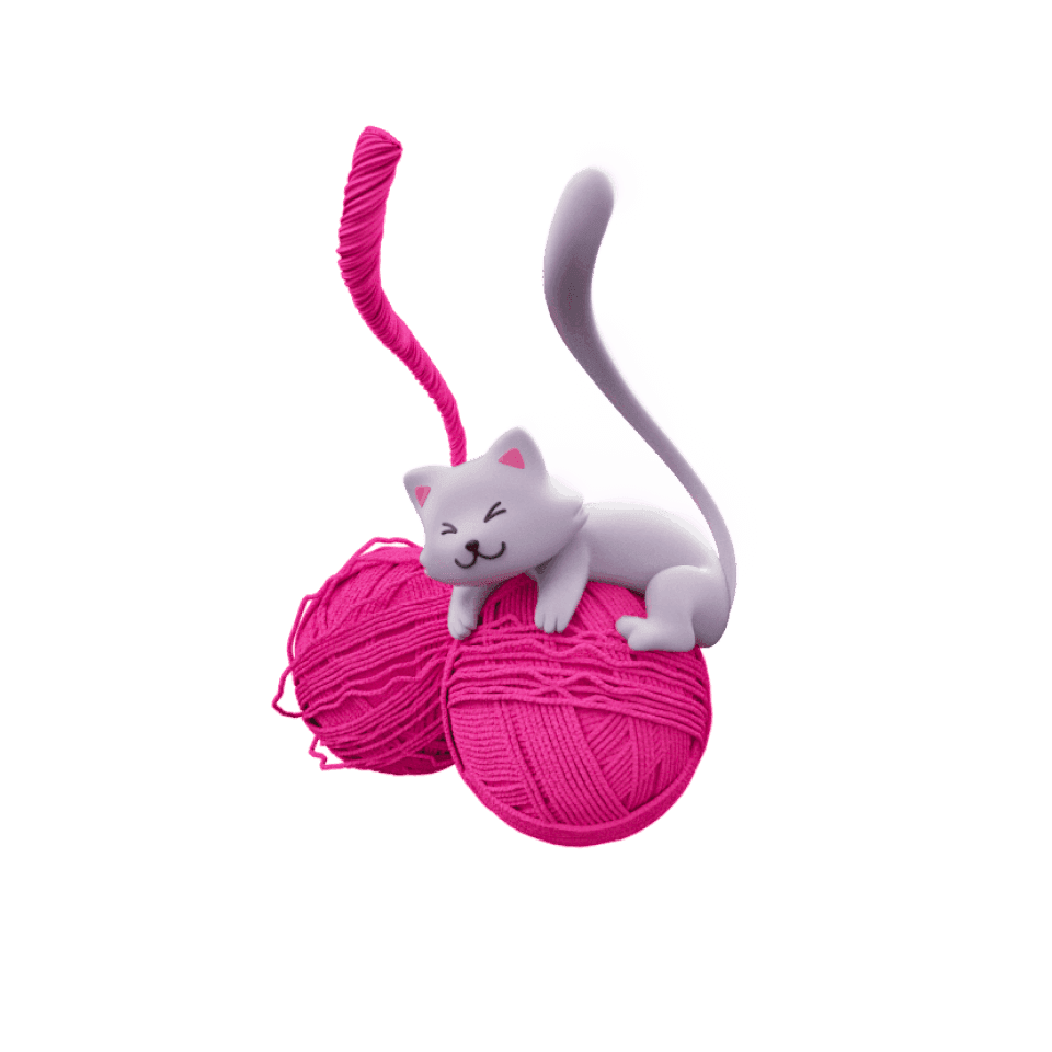 Graue Katze auf pinkem Wollknäuel 